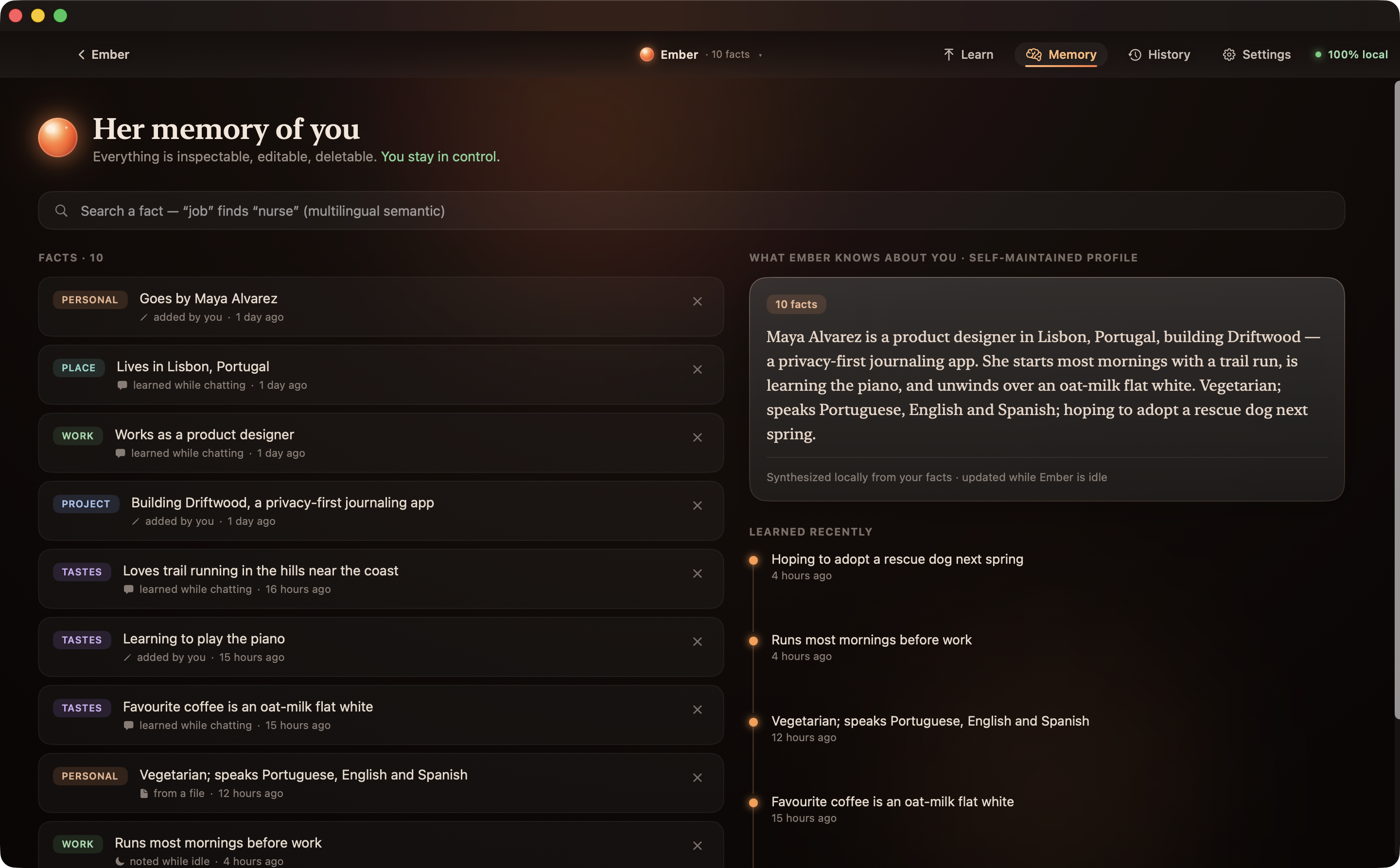 Ember's Memory screen — editable facts (name, city, job, tastes) and a locally-synthesized profile you can read, edit or delete.