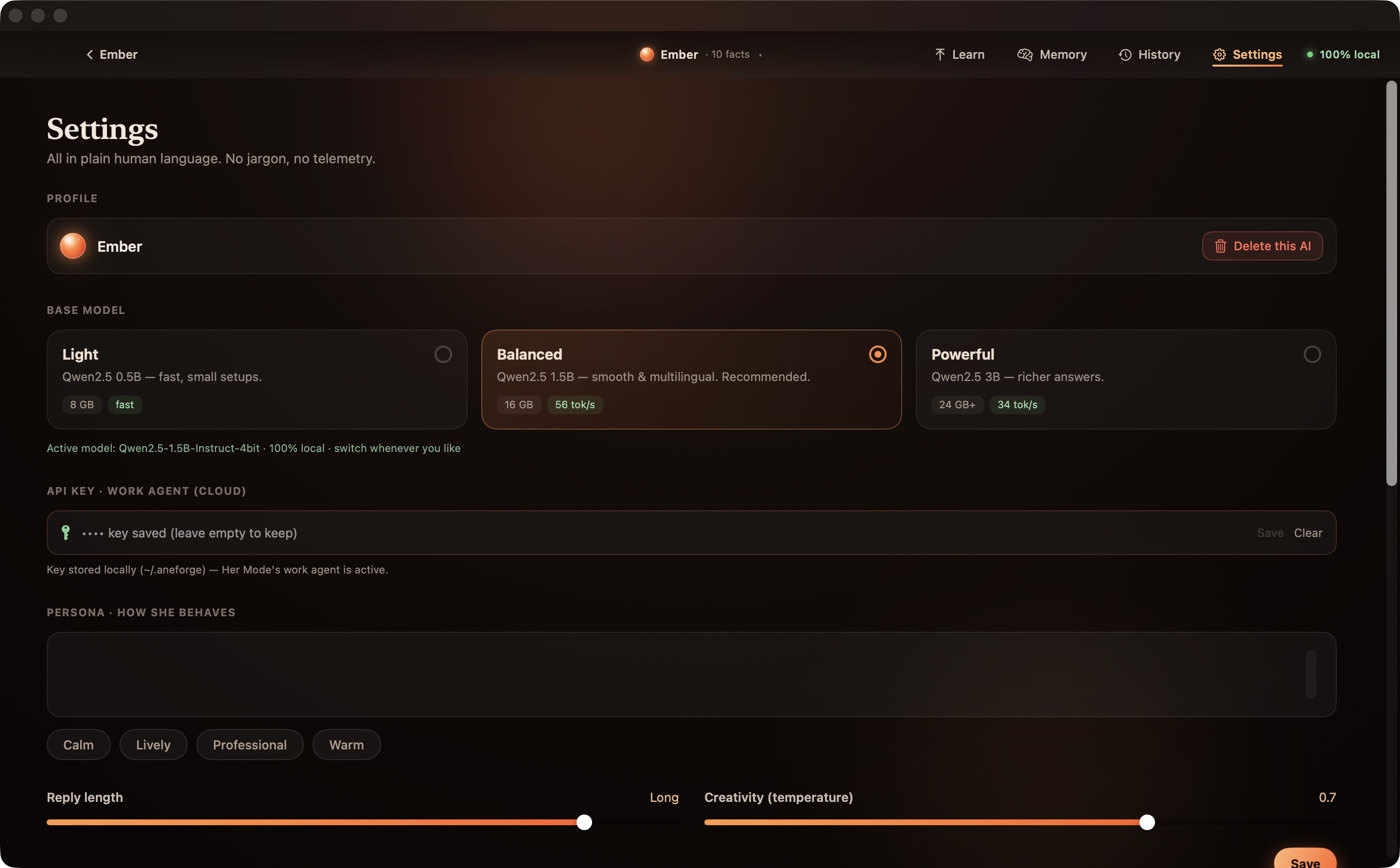 Ember's Settings — pick a local model, set the persona, and grant or revoke each permission.